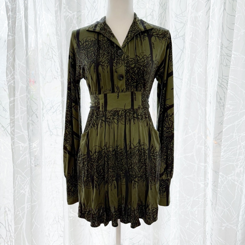 MARA HOFFMAN GREEN BLACK FOREST TREE PRINT SILK LONG SLEEVE WAIST BELT DRESS - Picture 13 of 13